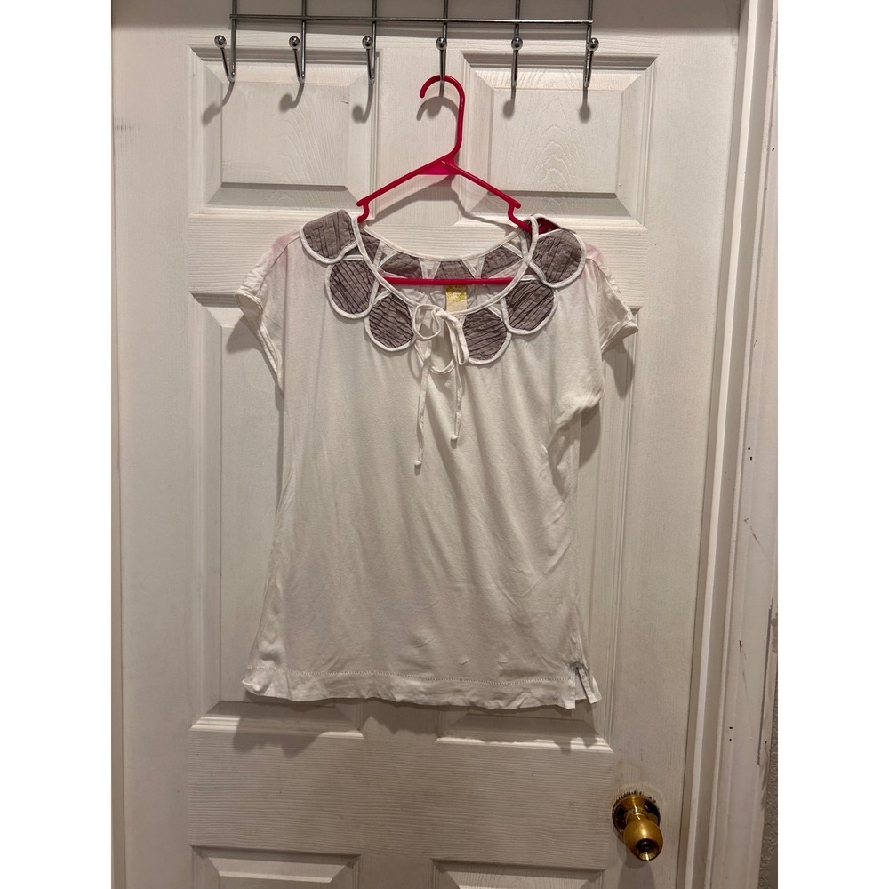Anthropologie Deletta Womens Large White Scalloped Petal Collar Tie Neck Tee‎ L